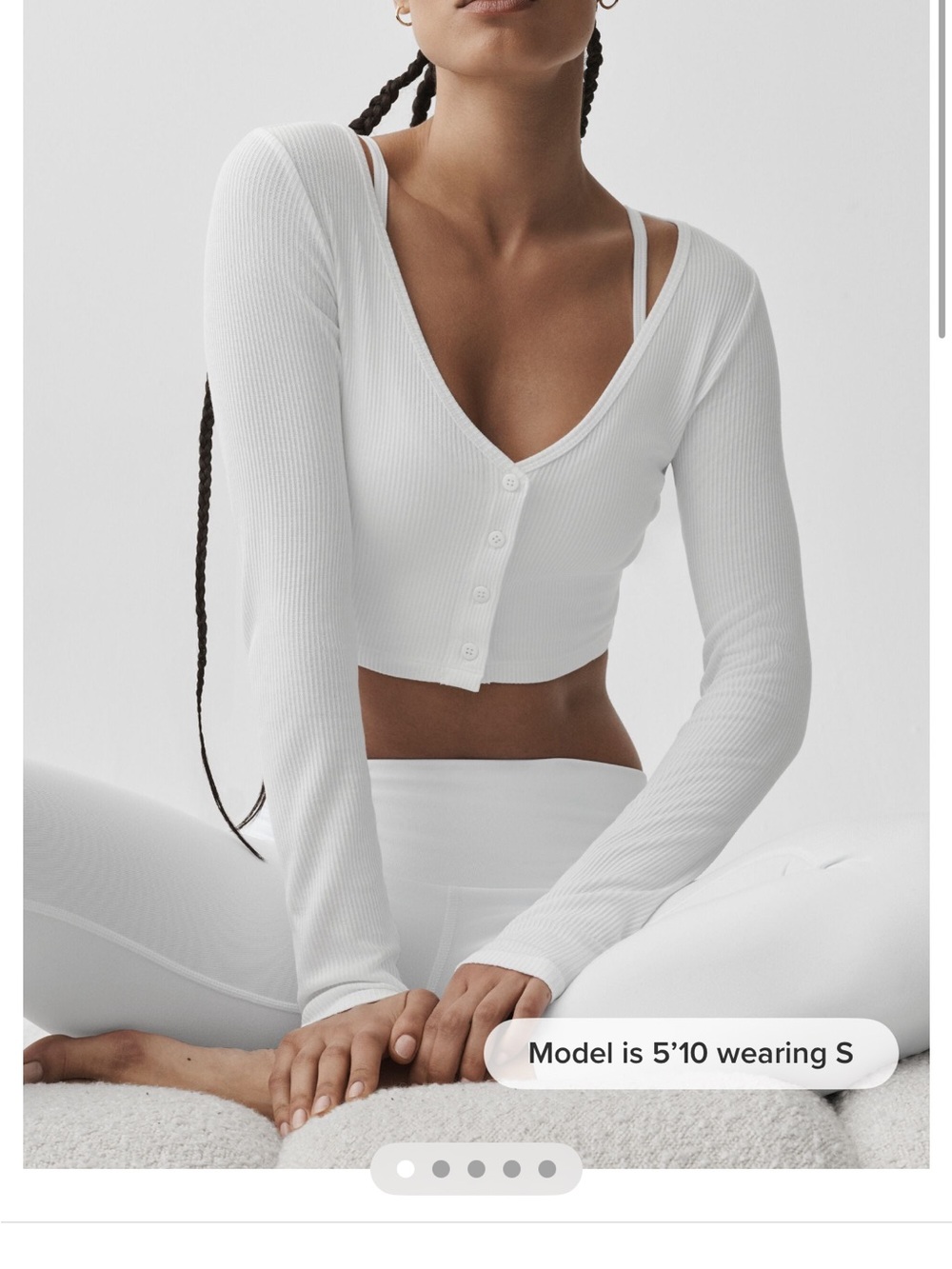 ALO Yoga White Ribbed Long-Sleeve Cropped Button V-Neck Top